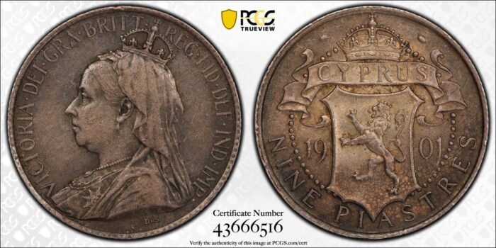 Cyprus 9 Piastres 1901 PCGS AU53 Silver