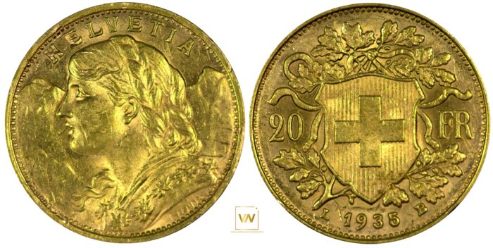 Switzerland 20 Francs 1935 B Gold