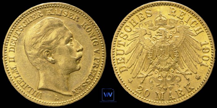 German Empire Prussia 20 Mark Wilhelm II 1901 Gold