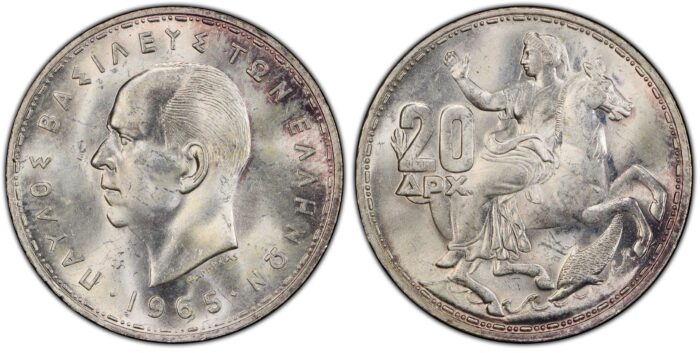 Greece 20 Drachmai 1965 PCGS MS64 Silver